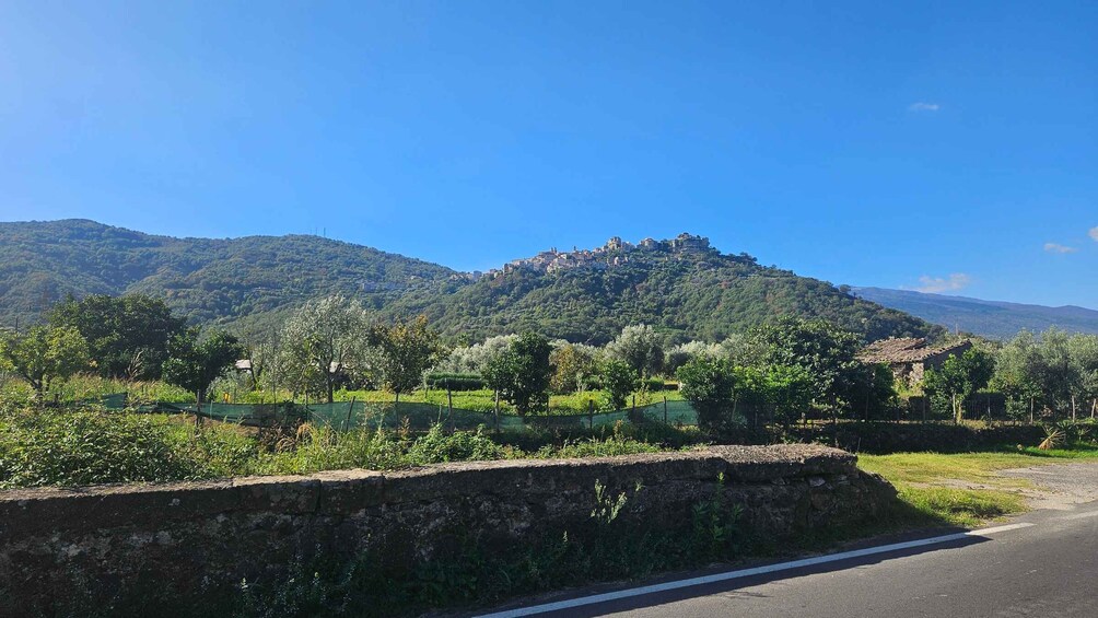 A rural road with a stone wall on the left and a hill with scattered buildings in the background. 3