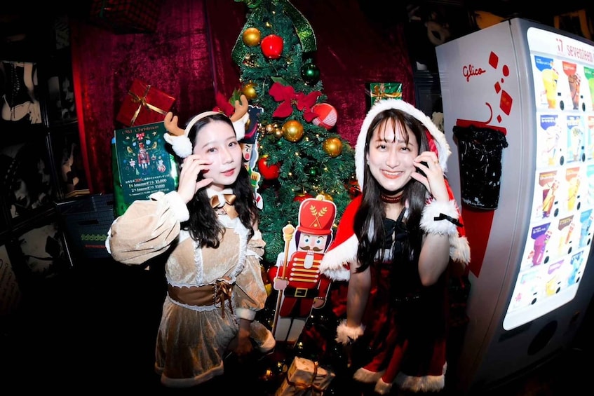 Two people in festive attire posing in front of a decorated Christmas tree and a refrigerator with a display. 4