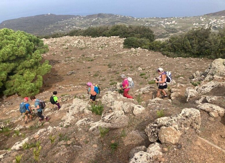 Hikers on a rocky trail with sparse vegetation and distant hills. 4