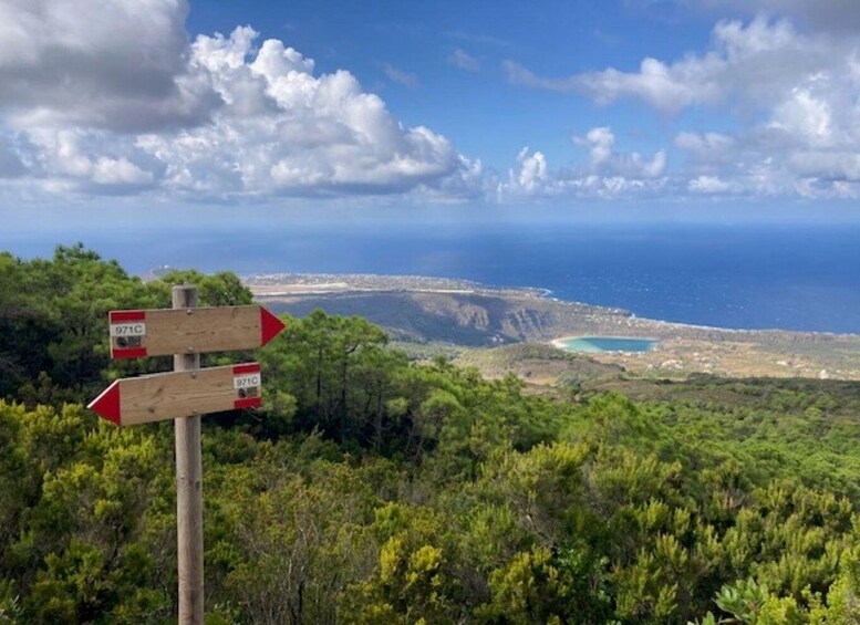 A wooden signpost with directional arrows, a coastal landscape with cliffs, and a view of the sea. 3