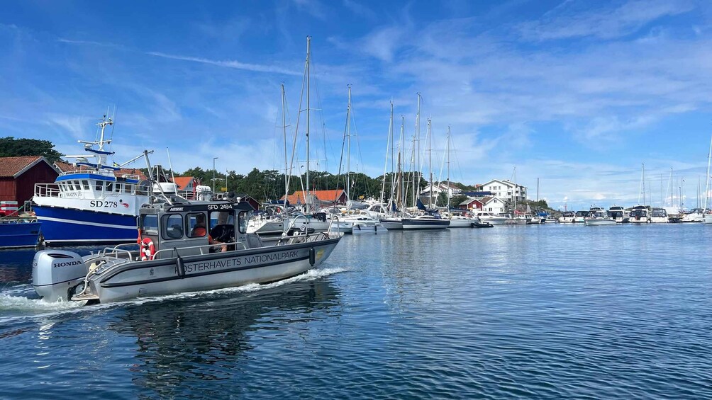 A harbor with boats, a police boat, and buildings in the background. 4
