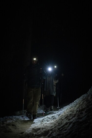 Two people hiking at night with flashlights. 3