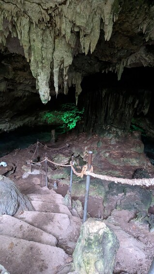 A cave interior with stalactites, a rope barrier, and greenish water. 3