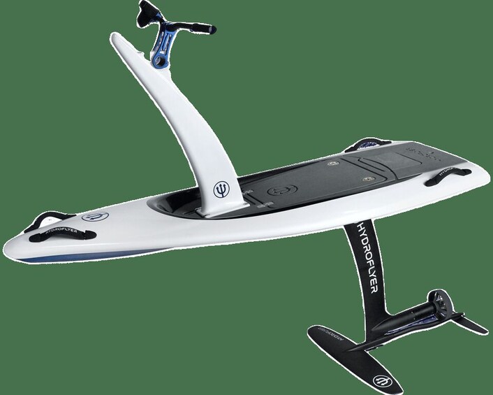 A hydrofoil boat with a white and black color scheme, featuring a streamlined design and a prominent logo on the hull. 4