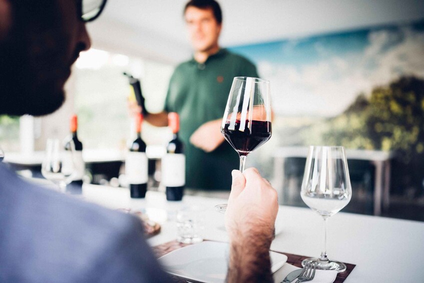 A person holding a wine glass at a table with bottles of wine and a waiter in the background. 3