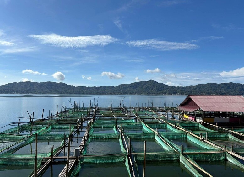 A coastal fishing area with nets and a small building. 3
