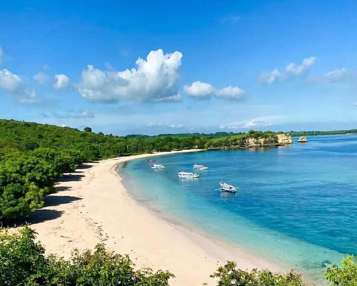 A beach with clear turquoise waters, boats, and lush greenery. 3