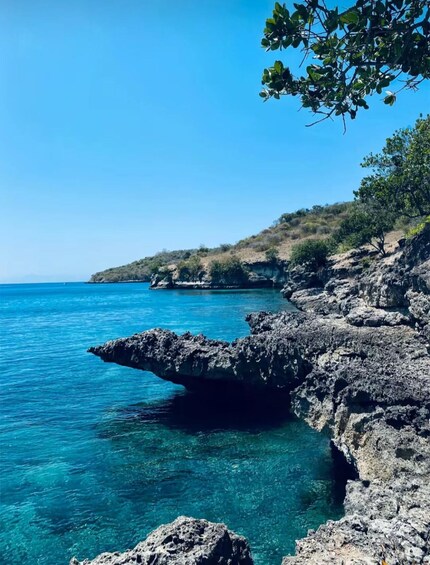 A coastal landscape with clear blue water, rocky cliffs, and sparse vegetation. 5