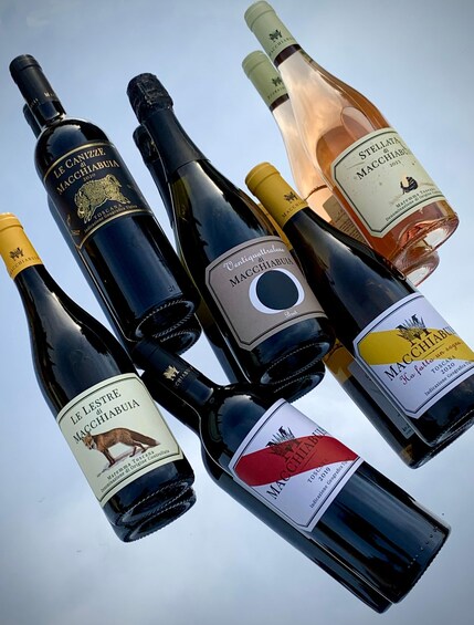 A collection of wine bottles with labels indicating they are from the Macchiabulia region. 1