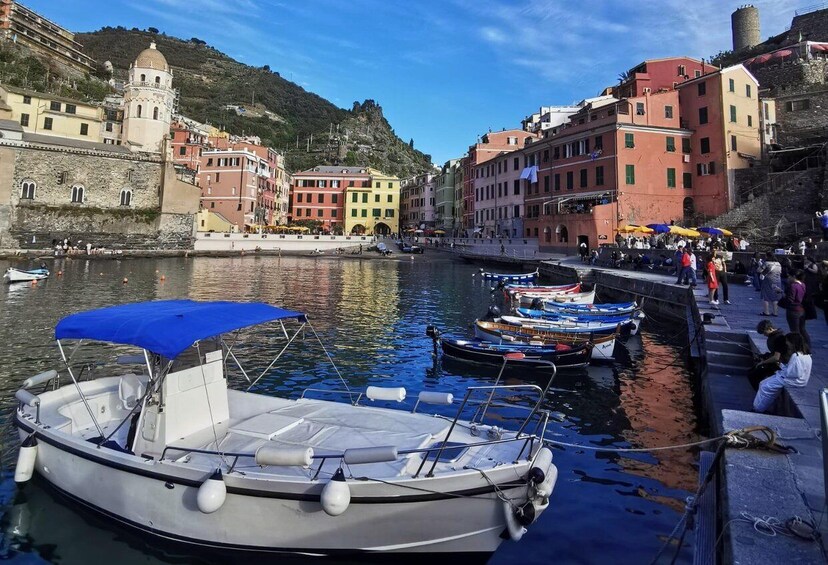 A harbor with boats docked, colorful buildings, and a hill in the background. 2