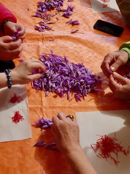Hands arranging purple flowers on a patterned orange tablecloth. 3