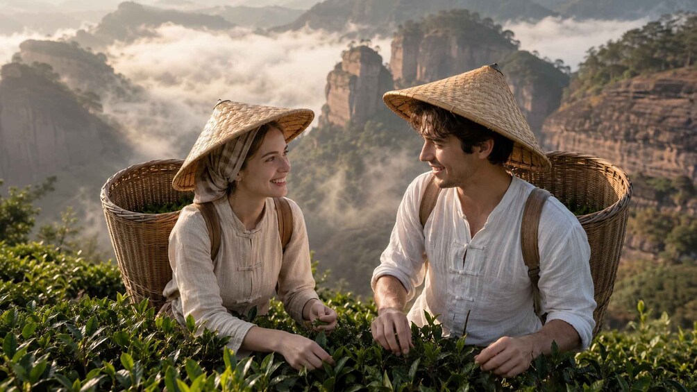 Two people harvesting tea leaves in a mountainous area with baskets on their backs. 1