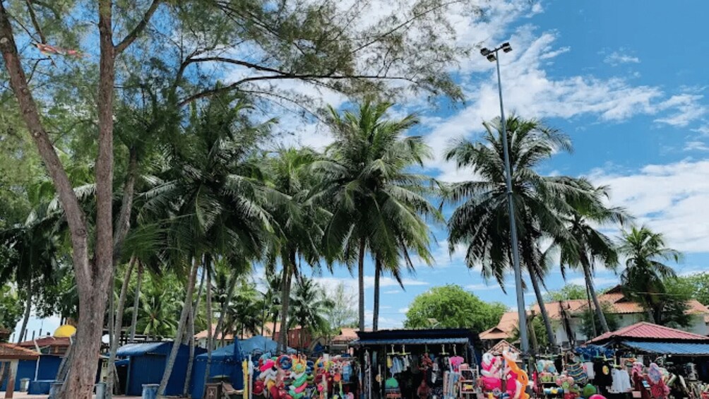 A market with stalls, palm trees, and a clear sky. 5