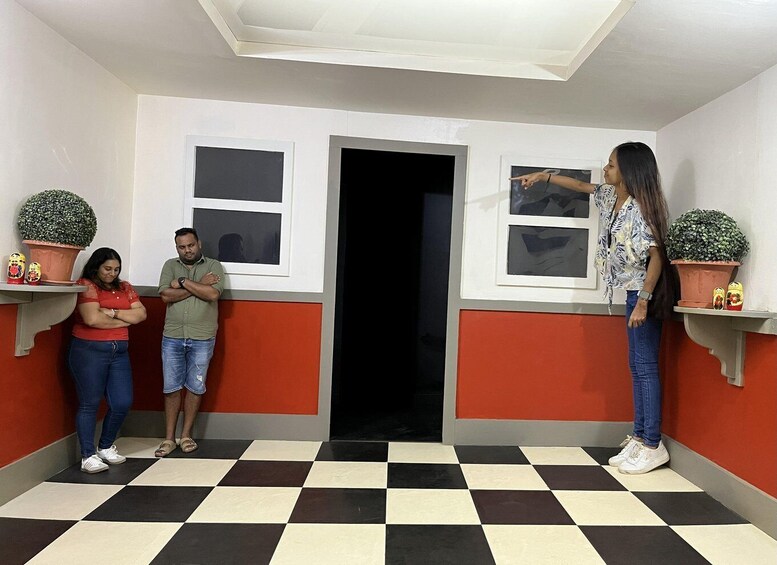 A hallway with a checkered floor, two potted plants, and a door. 3