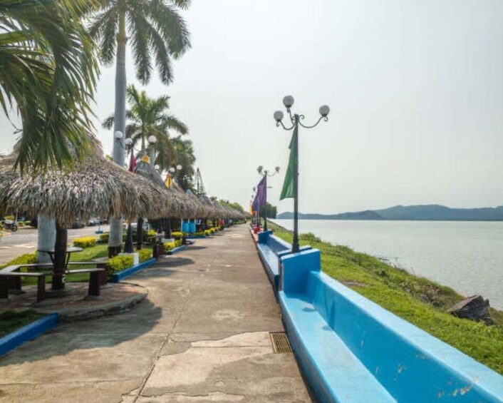 A waterfront promenade with thatched-roof structures, palm trees, and a calm body of water. 5