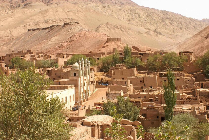 A desert village with traditional adobe buildings and a mosque with domes and minarets. 3