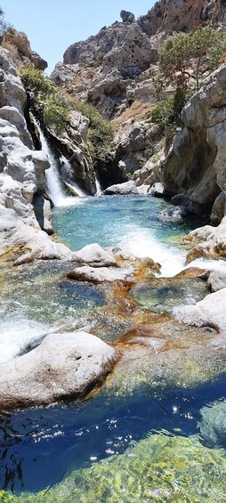 A clear blue stream flowing through rocky terrain with sparse vegetation. 4
