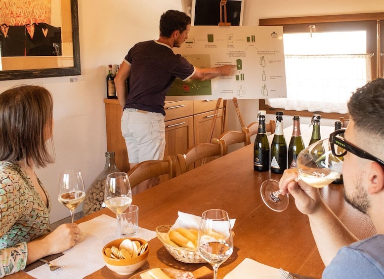A man explaining a process on a chart, a table with wine bottles and glasses, and a woman and a man dining. 5