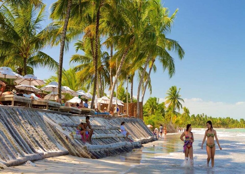 A beach with palm trees, a water slide, and people walking along the shore. 2