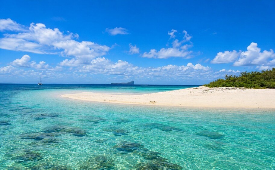 A clear blue sea, a sandy beach, and a small island in the distance. 2