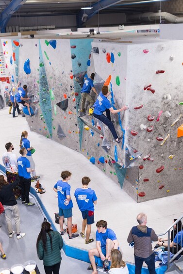 A climbing wall with various colored holds and a person climbing. 1