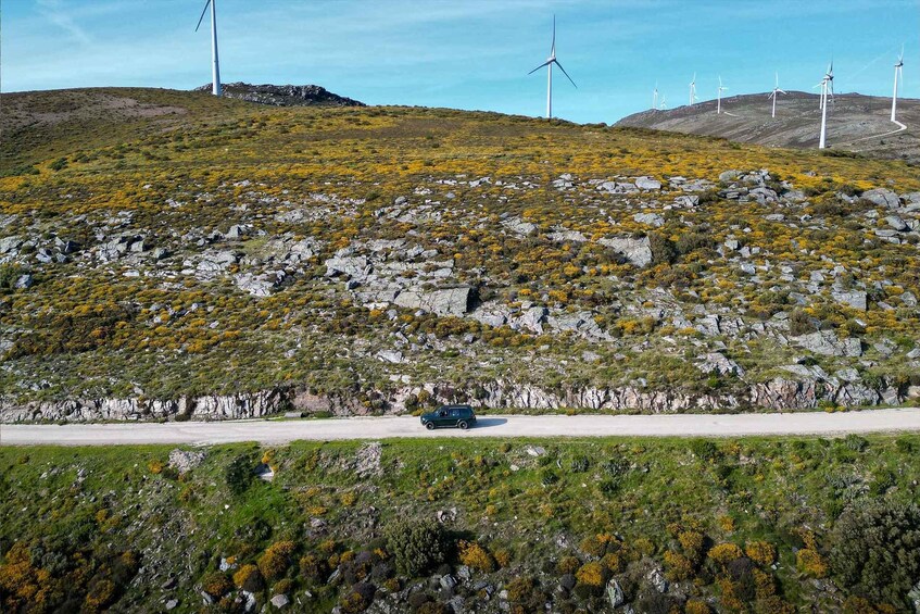 A car driving on a dirt road through a rocky landscape with wind turbines in the background. 2