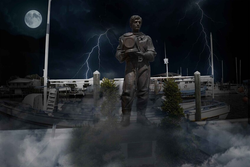 A statue of a person holding a shield, with a stormy sky and lightning in the background. 2