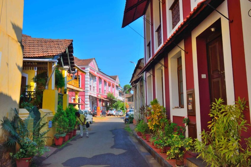 A narrow street lined with colorful buildings, potted plants, and parked cars. 1