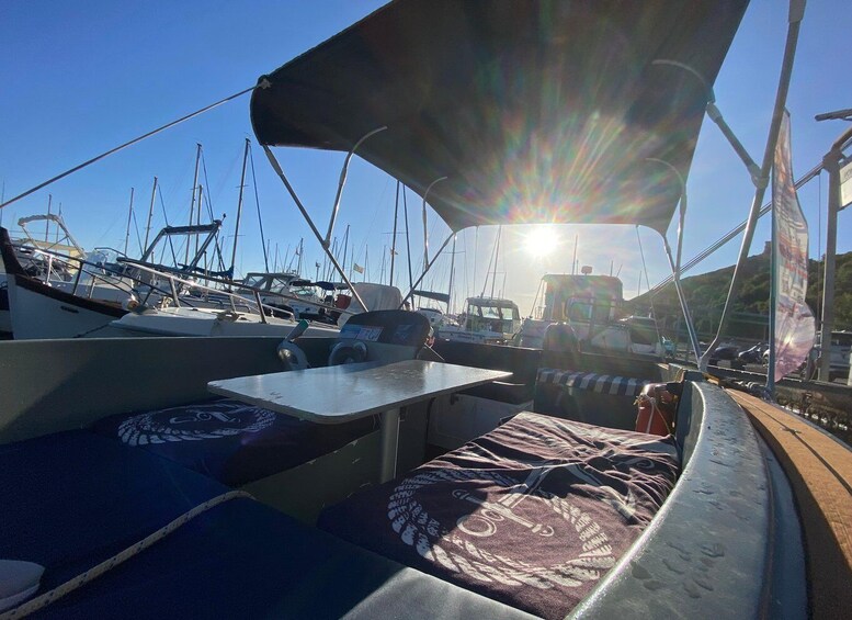 A boat with a covered seating area, a steering wheel, and a table. 5