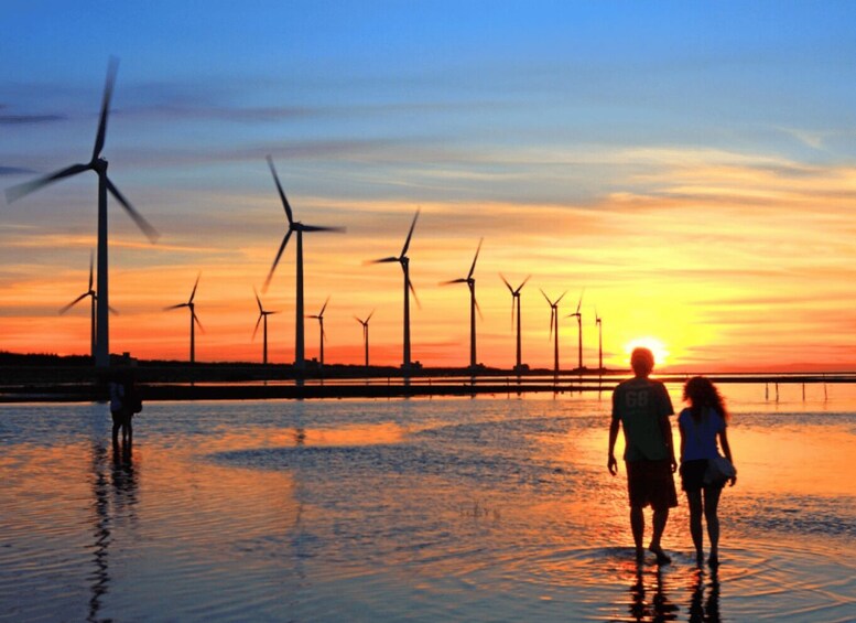 A sunset over a body of water with wind turbines in the background. 4