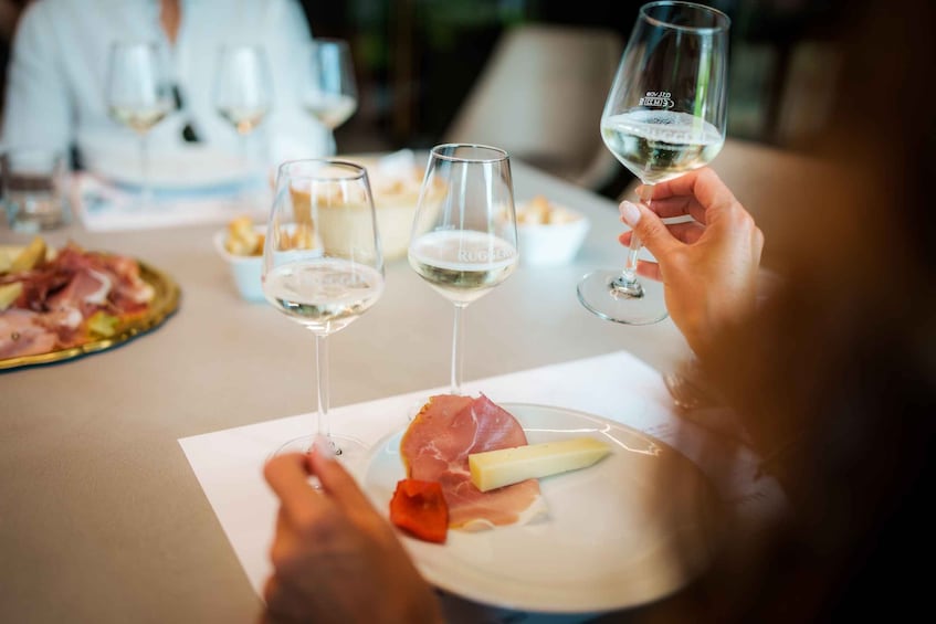 A person holding a wine glass with a plate of food in front of them. 3