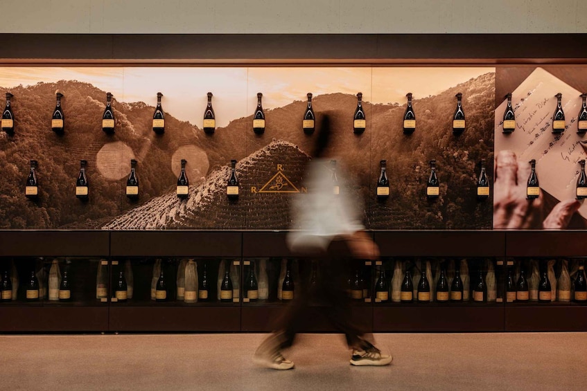 A person walking past a wall with bottles and a landscape mural. 2