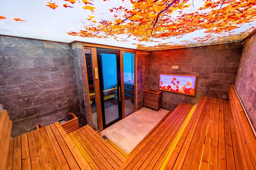 A sauna room with wooden flooring, a glass door, and a wall-mounted TV. 4