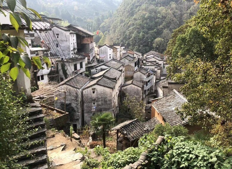 A traditional village with tiered houses, dense greenery, and a mountainous backdrop. 1