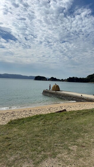 A beach with a stone pier extending into calm waters, surrounded by grassy areas and distant hills. 5