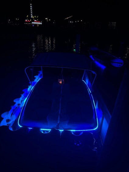 A boat with blue LED lights on the deck. 3