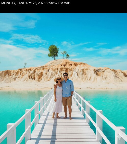 A couple on a wooden pier with a clear blue sky and a sandy hill in the background. 3