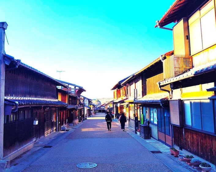 A narrow street lined with traditional buildings, a person walking, and a clear blue sky. 1