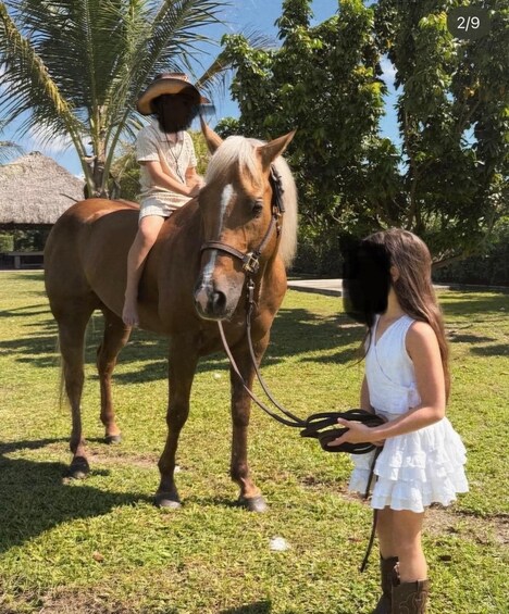A person leading a horse in a grassy area with trees and a thatched-roof structure in the background. 1