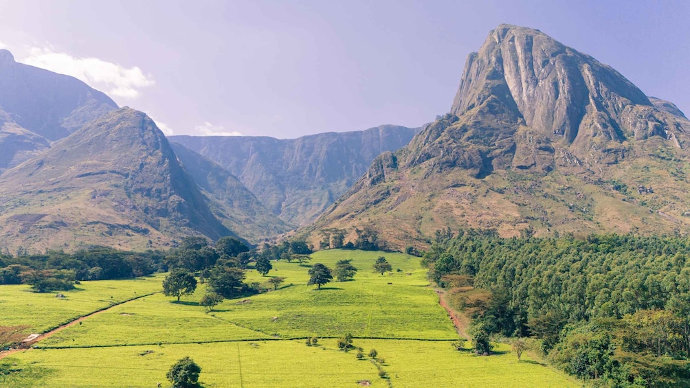 A mountainous landscape with green fields and scattered trees. 1