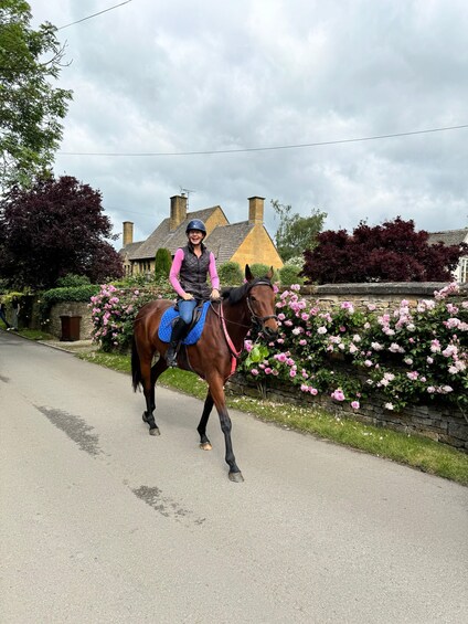 A person riding a horse on a paved road with a stone wall and flowering plants on one side. 4