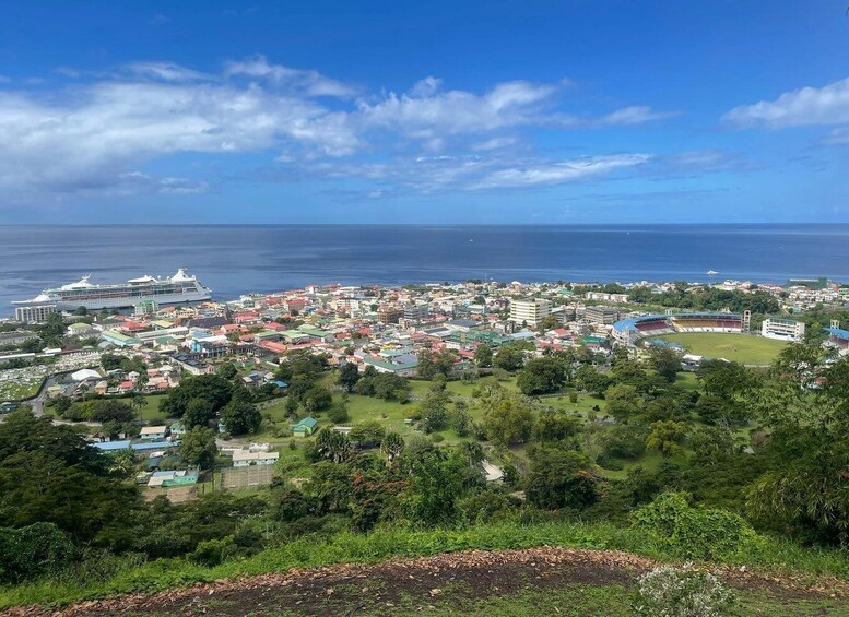 Un paysage urbain côtier avec un grand navire de croisière amarré, un stade et des quartiers résidentiels densément peuplés. 2
