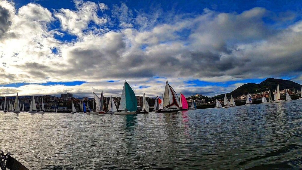 A harbor with sailboats, a cityscape in the background, and a mountain. 3