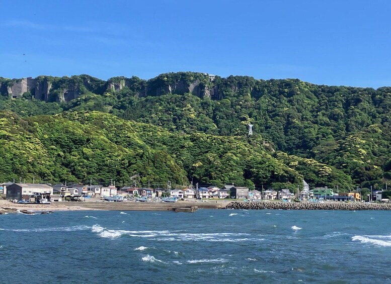 A coastal town with a rocky shoreline, a lighthouse, and dense forested hills in the background. 5
