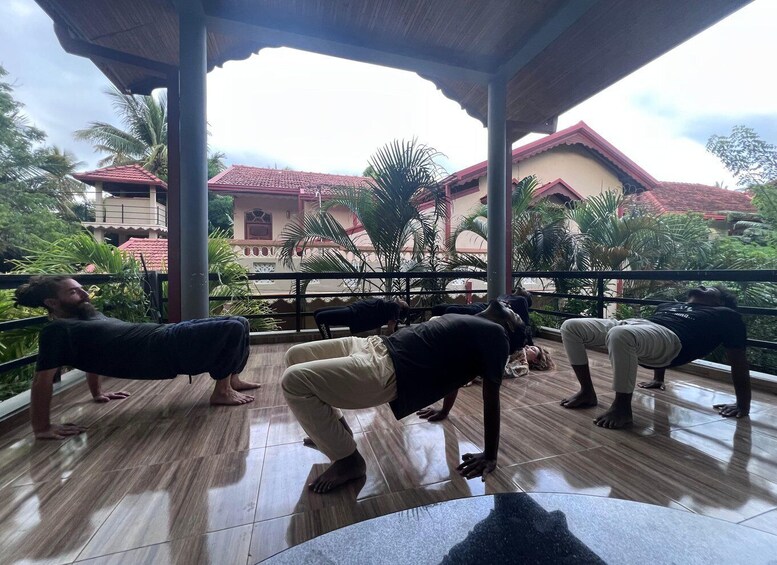 A group of people performing yoga on a wooden deck with a view of a building and palm trees. 3