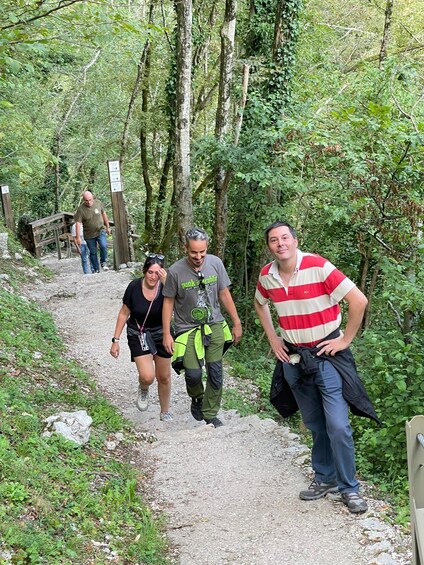 A group of people walking on a forest trail. 4