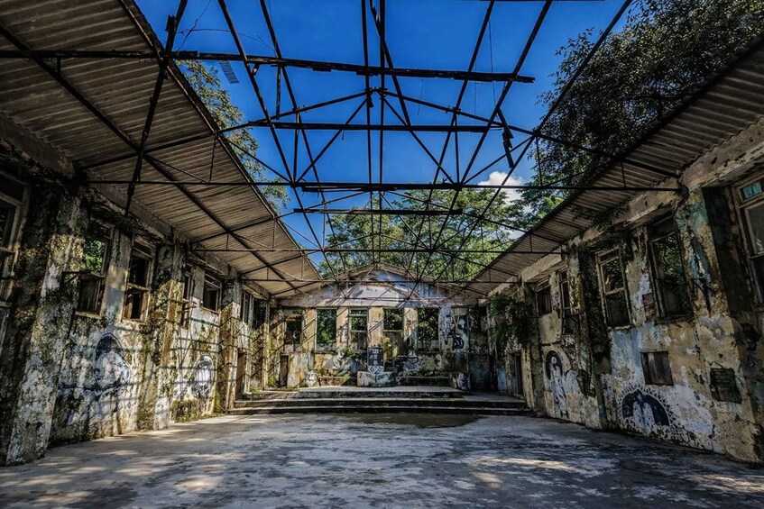 An abandoned building with a crisscross metal roof structure, overgrown vegetation, and graffiti on the walls. 3