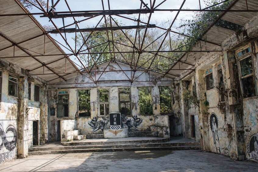 An abandoned building with a metal roof, graffiti, and overgrown vegetation. 4