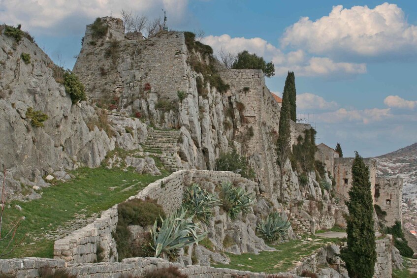 A historical stone structure with ruins, a staircase, and a tall cypress tree. 2