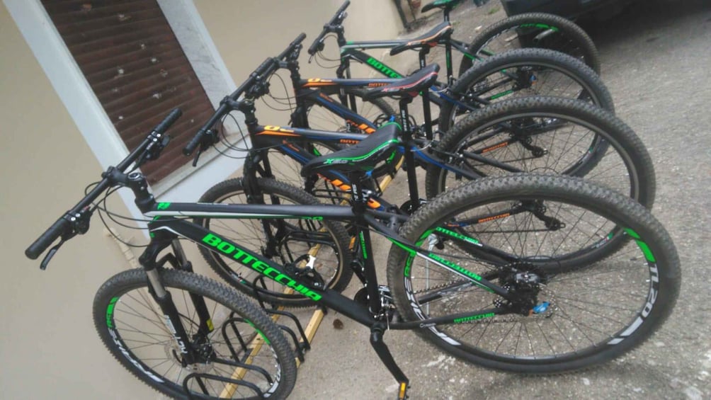 A row of bicycles parked outdoors, with one prominently displaying the brand 'Bottecchia.' 5